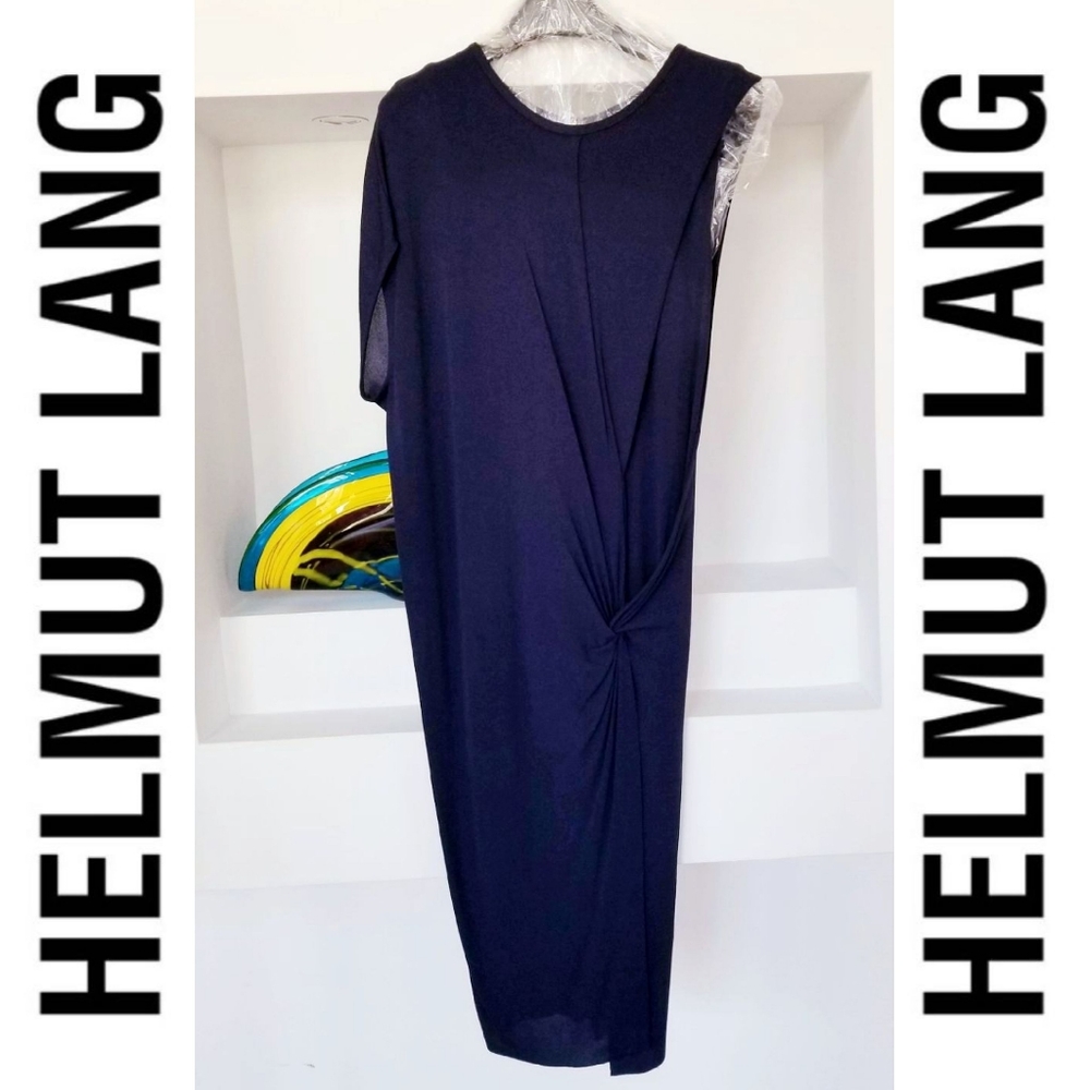 Helmut Lang Navy Asymmetrical Twist Midi Dress